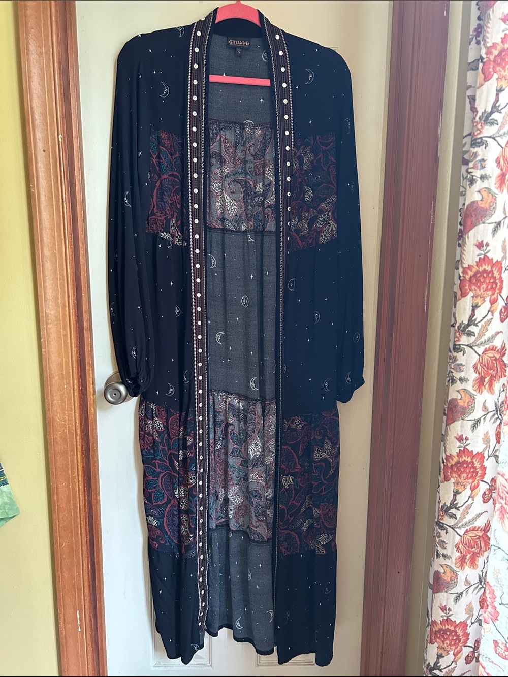 Shyanne Black Maxi Duster with Burgundy Paisley Panels and Silver Moon Motifs